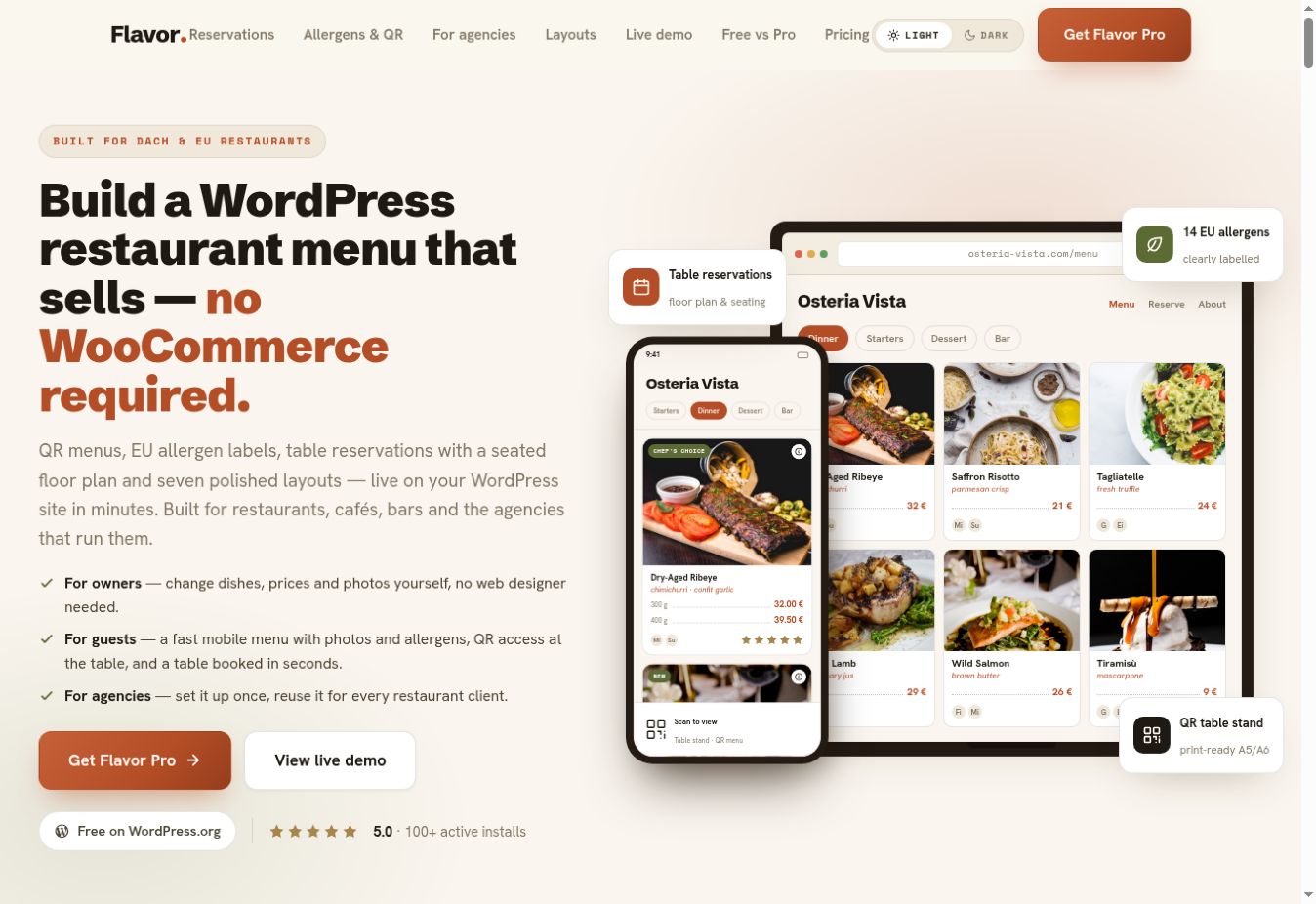Helle Flavor-Menu-Produktseite mit Desktop- und Smartphone-Ansicht