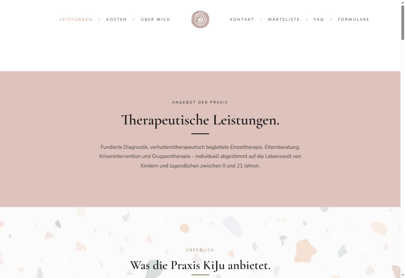 Leistungsseite der Therapiepraxis KiJu mit Navigation und Übersicht des Praxisangebots