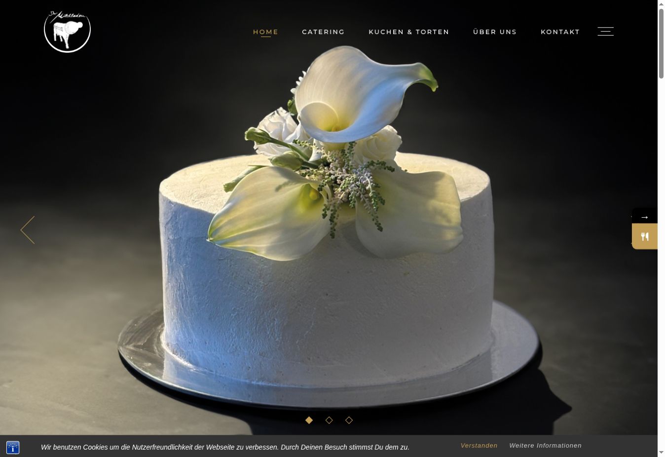Website Der Milchladen mit Tortenmotiv und Navigation zu Catering und Kuchen