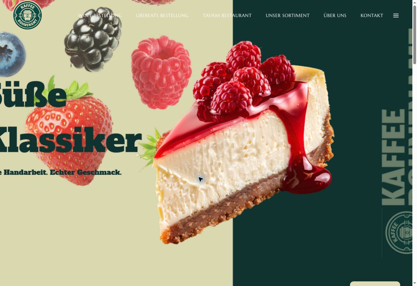 Website von Kaffee Bohnenamt mit Markenlogo, Navigation und großem Produktmotiv