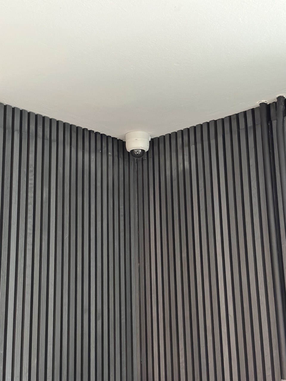 Weiße Dome-Kamera an einer Decke über dunklen Wandlamellen